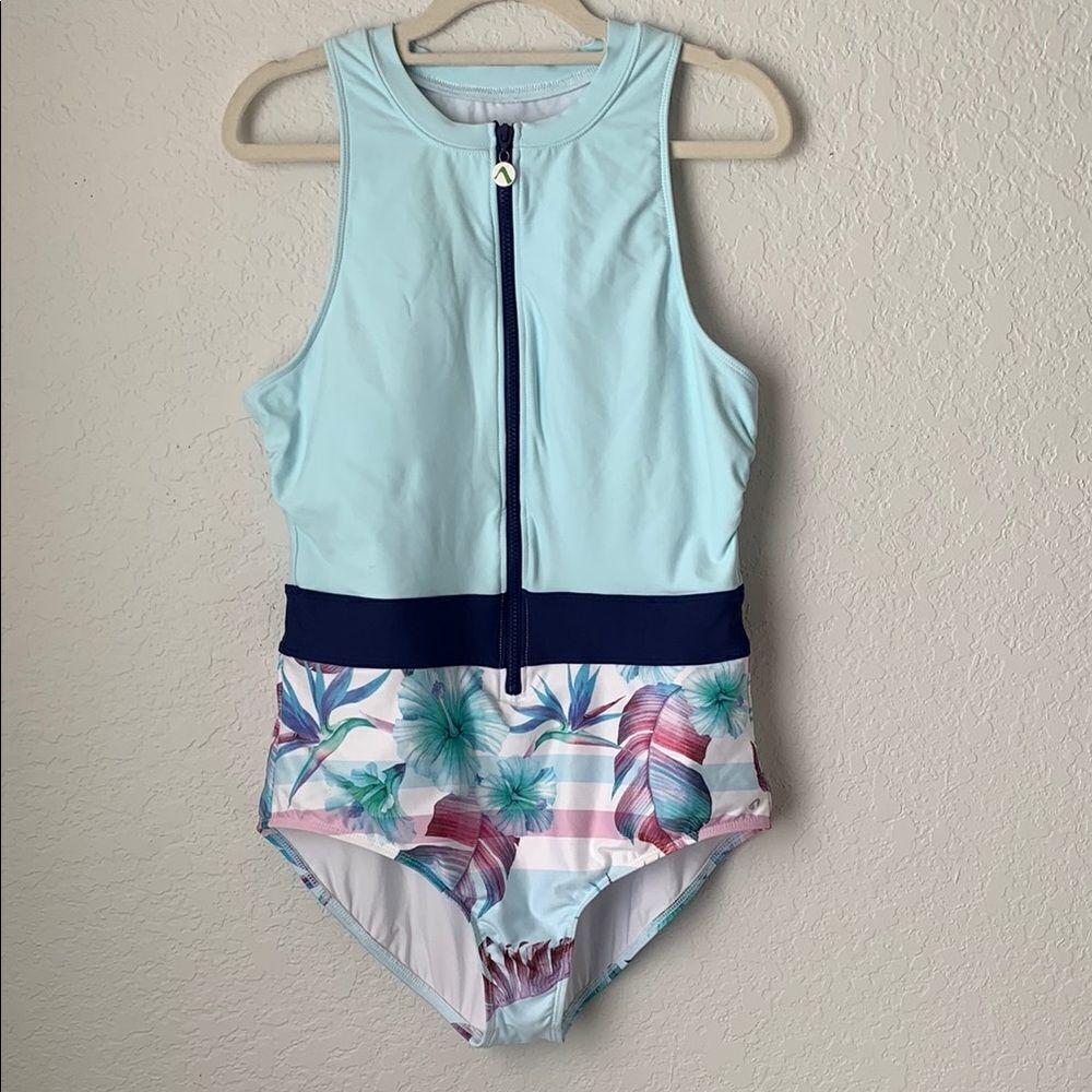 NEXT Swimsuit One Piece Zip Up Light Blue and Floral Design Women’s Size XL